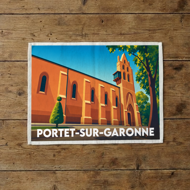 Torchon souvenir de la ville de Portet-sur-Garonne avec une illustration stylisée de son église.