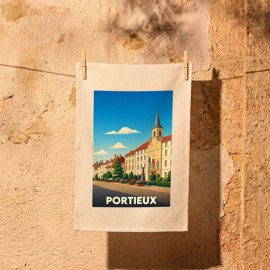Torchon souvenir de la ville de Portieux avec une illustration stylisée.