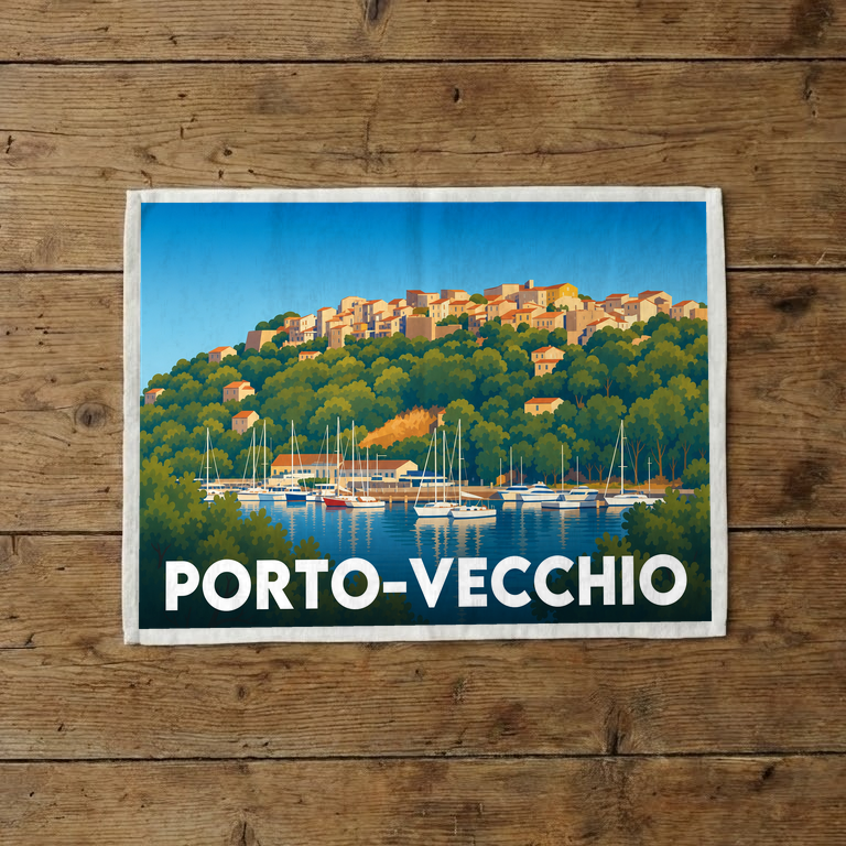 Torchon souvenir de la ville de Porto-Vecchio avec une illustration stylisée de son port et de sa vieille ville.