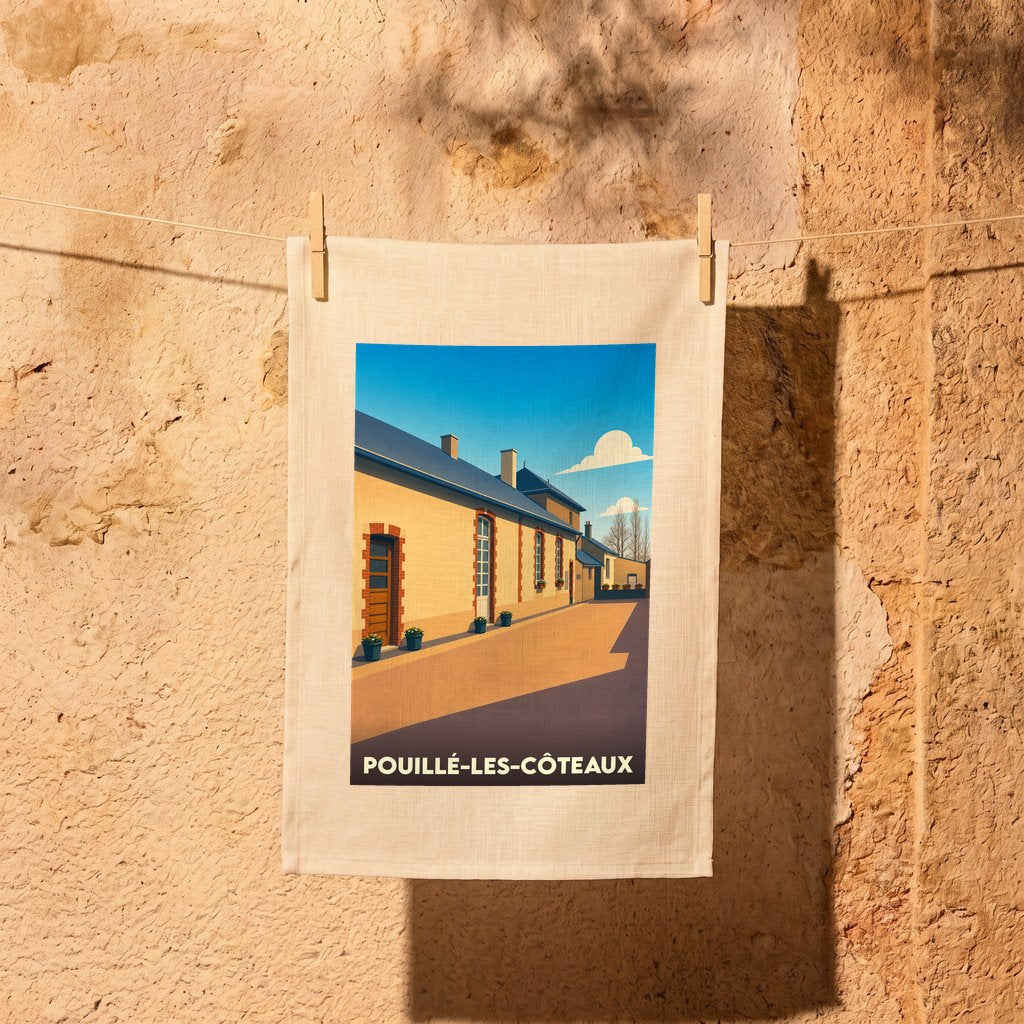 Torchon souvenir de la ville de Pouillé-les-Côteaux avec une illustration stylisée.