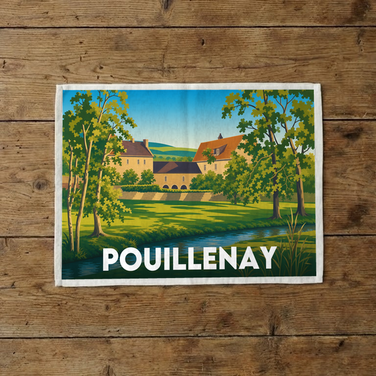 Torchon souvenir de la ville de Pouillenay avec une illustration stylisée de son paysage.