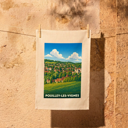 Torchon souvenir de la ville de Pouilley-les-Vignes avec une illustration paysagère stylisée.