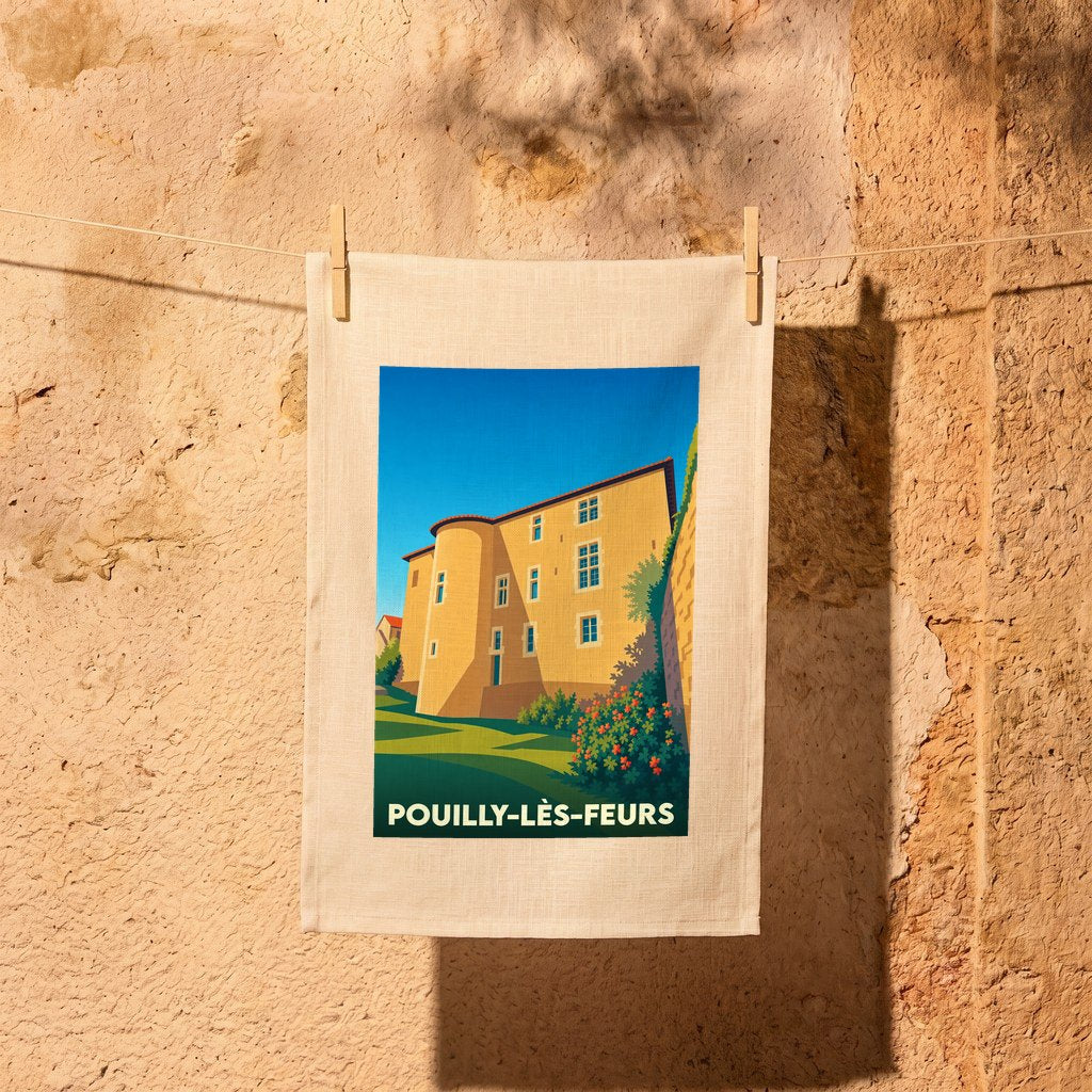Torchon souvenir de la ville de Pouilly-lès-Feurs orné d'une illustration stylisée de son château.
