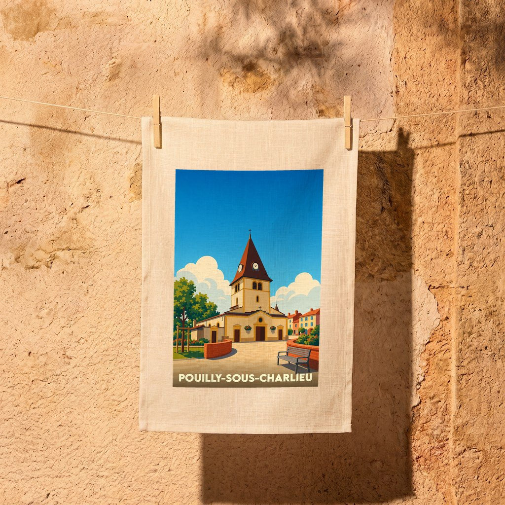 Torchon souvenir de la ville de Pouilly-sous-Charlieu avec une illustration stylisée de son église.