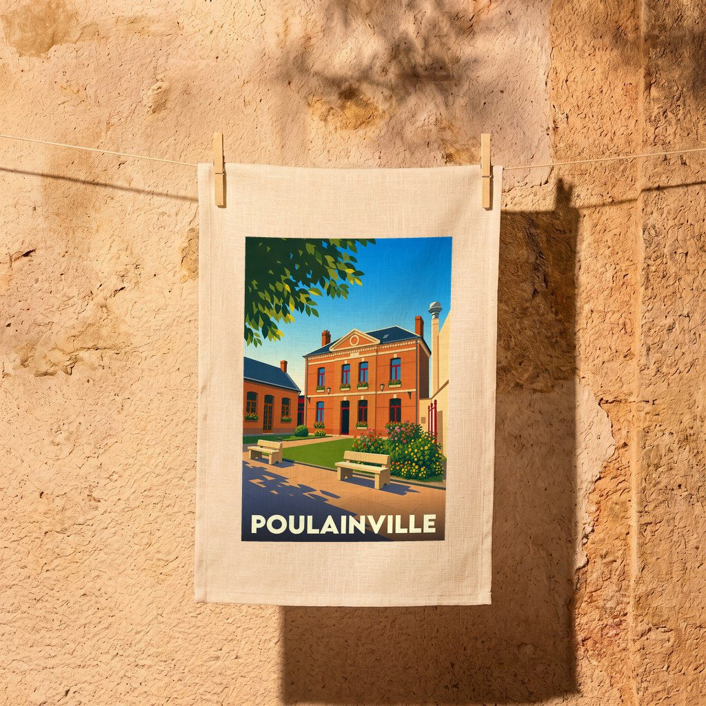 Torchon souvenir de la ville de Poulainville avec une illustration stylisée.