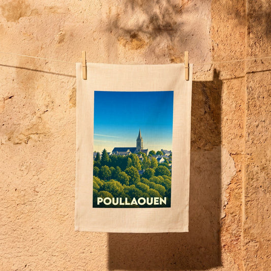 Torchon souvenir de la ville de Poullaouen avec une illustration stylisée.