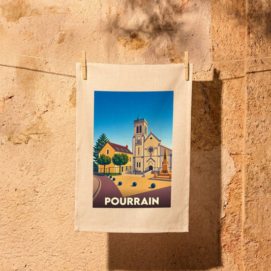 Torchon souvenir de la ville de Pourrain avec une illustration stylisée.