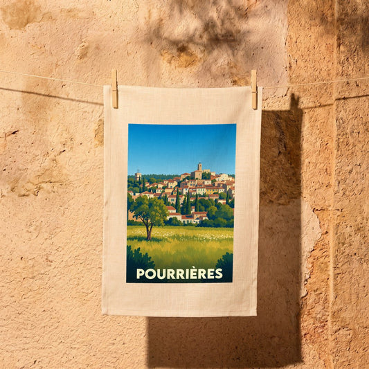 Torchon souvenir de la ville de Pourrières avec une illustration stylisée d'un village provençal.