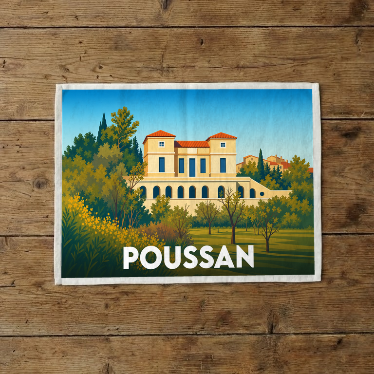 Torchon souvenir de la ville de Poussan avec une illustration stylisée d'une bastide entourée de végétation.