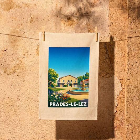 Torchon souvenir de la ville de Prades-le-Lez avec une illustration stylisée d'une place ensoleillée et sa fontaine.
