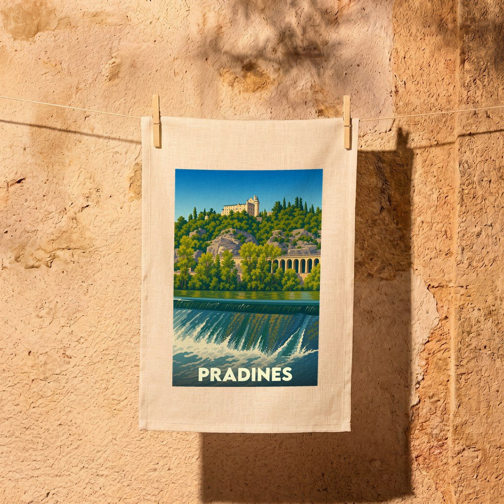Torchon souvenir de la ville de Pradines illustré par un paysage stylisé avec rivière et château.