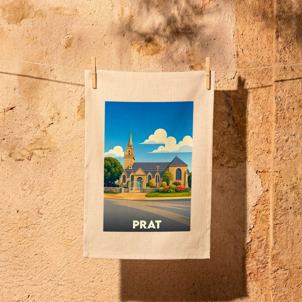 Torchon souvenir de la ville de Prat avec une illustration stylisée de son église.