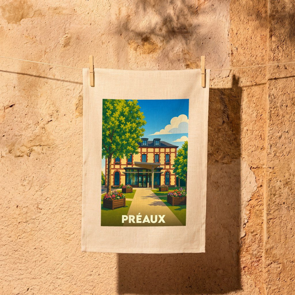 Torchon souvenir de la ville de Préaux orné d'une illustration stylisée de son architecture.