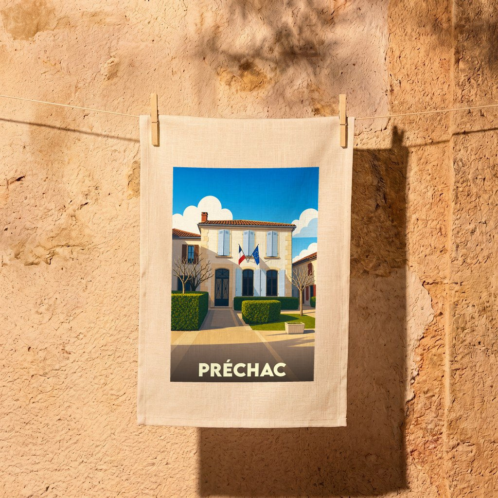 Torchon souvenir de la ville de Préchac illustré d'un dessin stylisé de sa mairie.