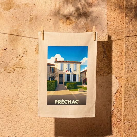 Torchon souvenir de la ville de Préchac illustré d'un dessin stylisé de sa mairie.