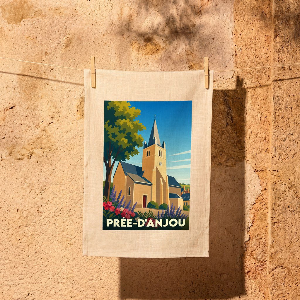 Torchon souvenir de la ville de Prée-d'Anjou avec une illustration stylisée de son église.