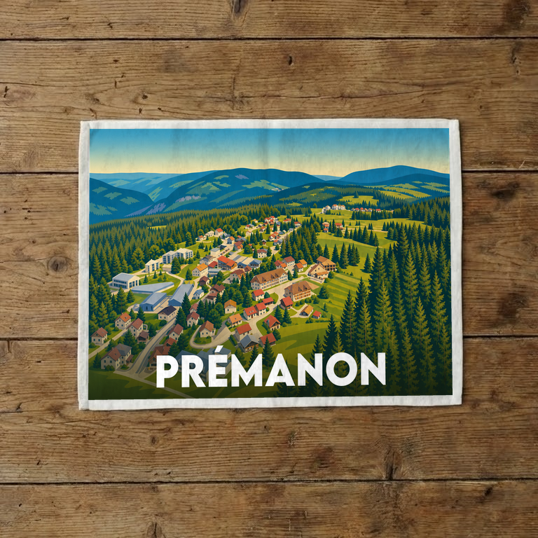 Torchon souvenir de la ville de Prémanon avec une illustration stylisée de son paysage de montagne.