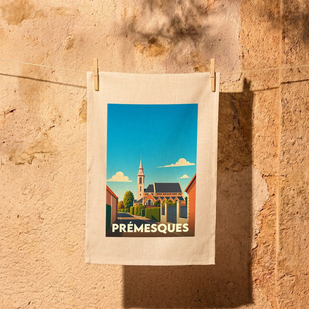 Torchon souvenir de la ville de Prémesques orné d'une illustration stylisée de son église.