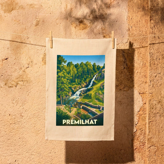 Torchon souvenir de la ville de Prémilhat avec une illustration stylisée d'une cascade en forêt.