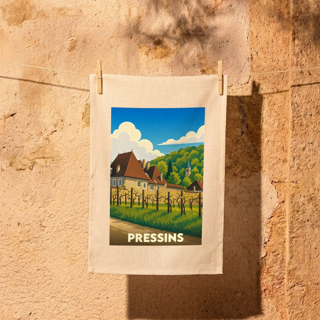 Torchon souvenir de la ville de Pressins avec une illustration stylisée de son paysage rural.