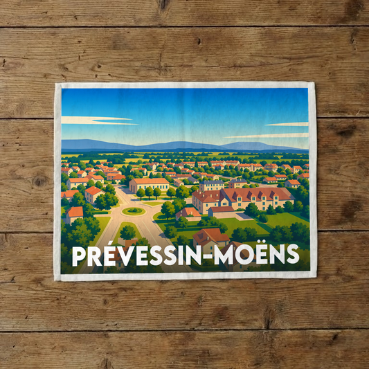 Torchon souvenir de la ville de Prévessin-Moëns avec une illustration stylisée d'un paysage urbain.