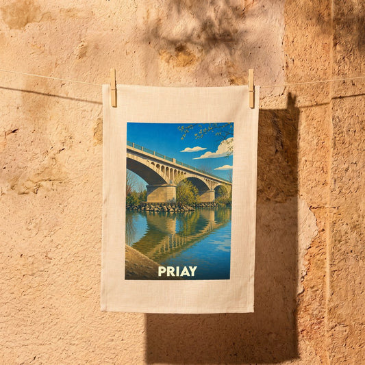 Torchon souvenir de la ville de Priay illustré par un pont se reflétant dans l'eau.