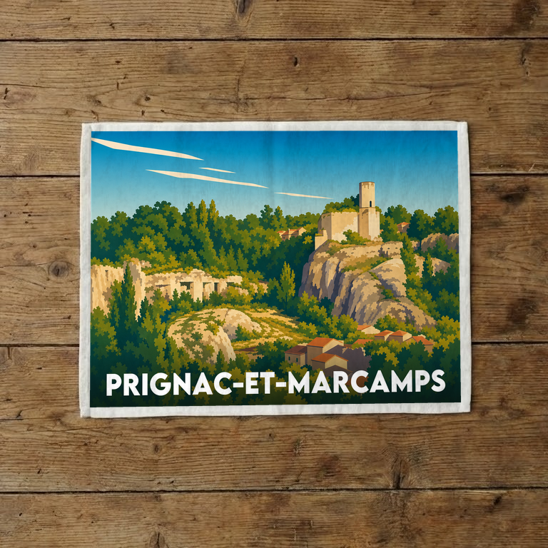 Torchon souvenir de la ville de Prignac-et-Marcamps avec une illustration stylisée.
