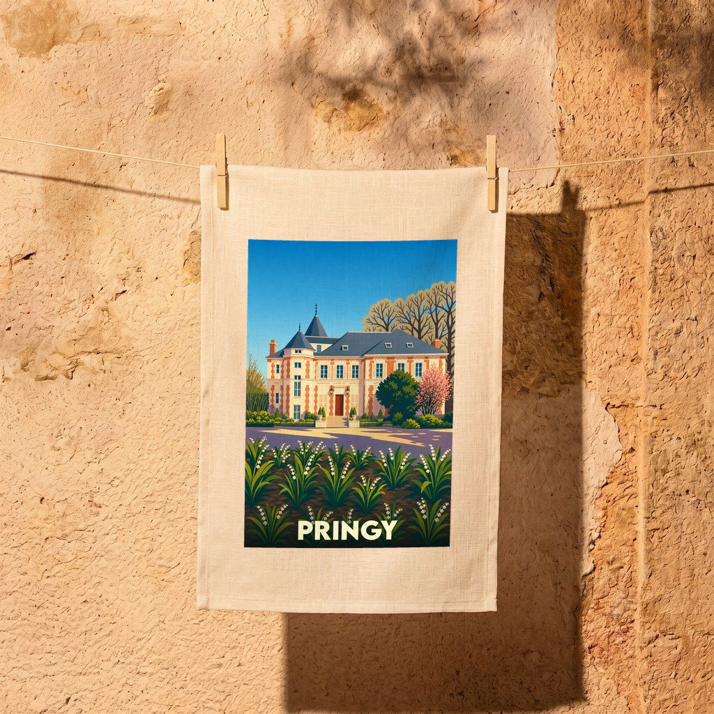 Torchon souvenir de la ville de Pringy avec une illustration stylisée d'un manoir et d'un parterre de fleurs.