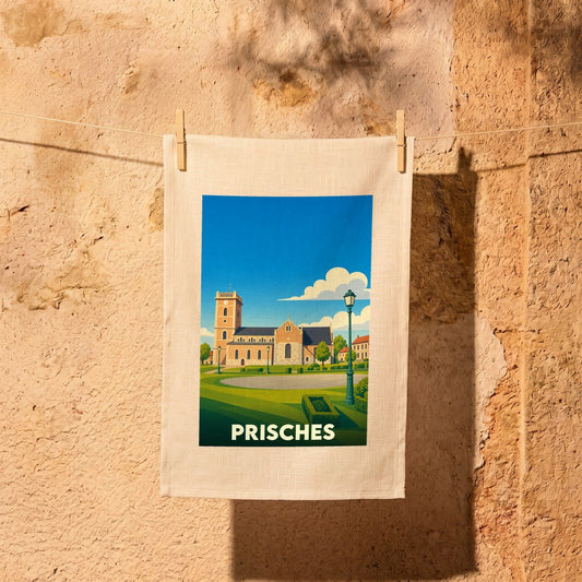 Torchon souvenir de la ville de Prisches avec une illustration stylisée de son église.
