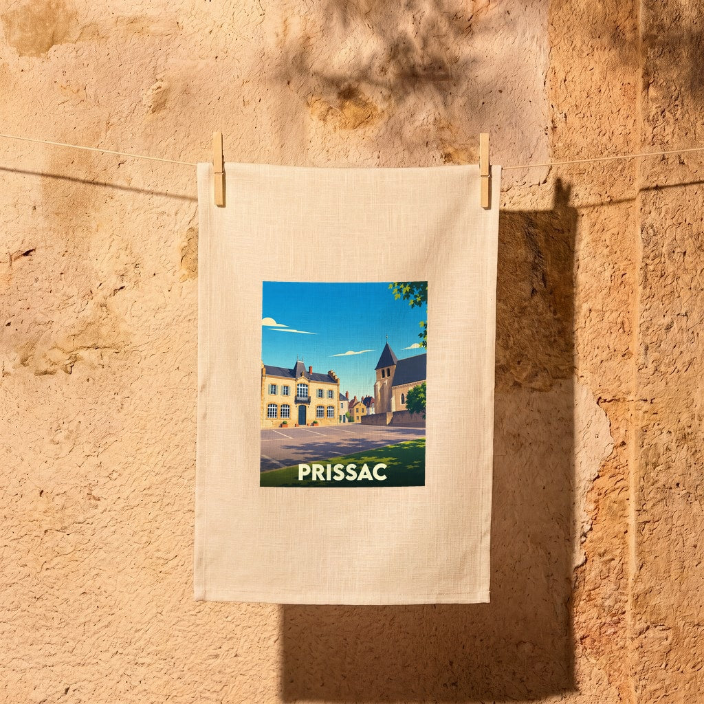 Torchon souvenir de la ville de Prissac orné d'une illustration stylisée de sa place principale.