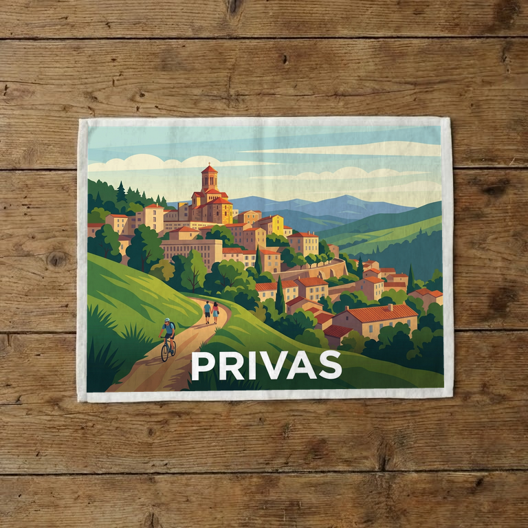 Torchon souvenir de la ville de Privas avec une illustration stylisée de ses paysages et de son architecture.