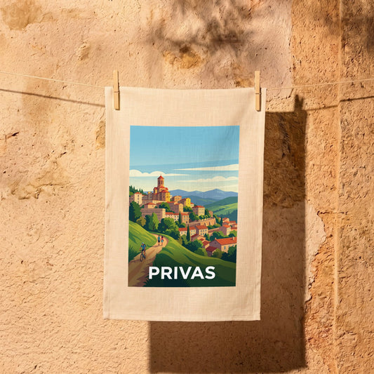 Torchon souvenir de la ville de Privas avec une illustration stylisée de ses paysages et de son architecture.