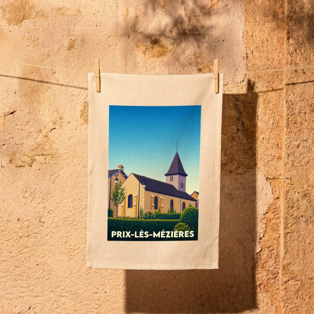 Torchon souvenir de la ville de Prix-lès-Mézières avec une illustration stylisée de son église.