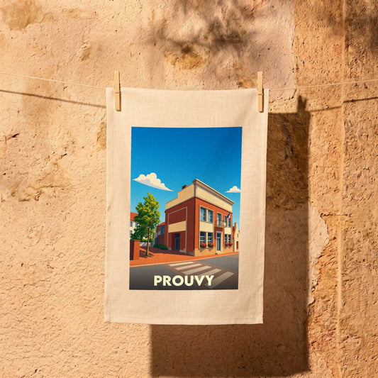 Torchon souvenir de la ville de Prouvy illustré par un dessin stylisé de son architecture locale.