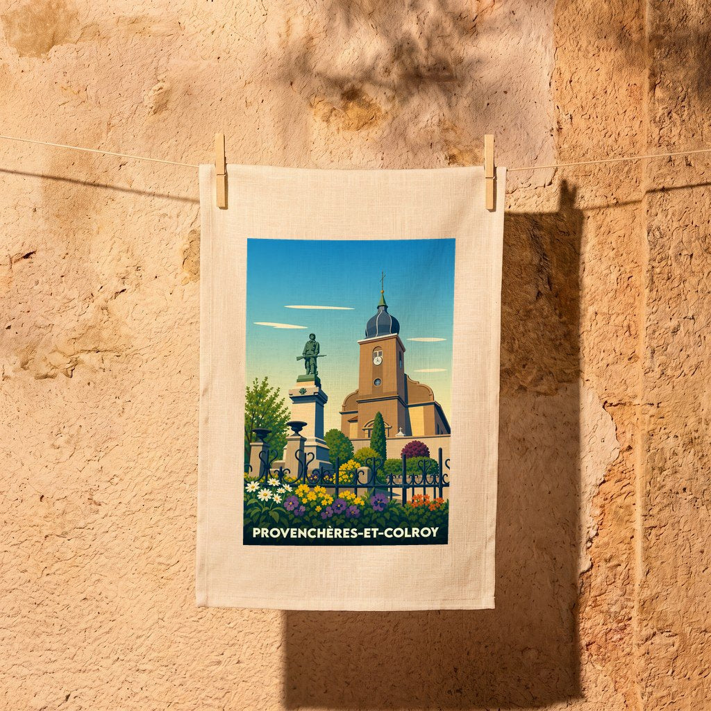 Torchon souvenir de la ville de Provenchères-et-Colroy avec une illustration stylisée de son église et de son monument.