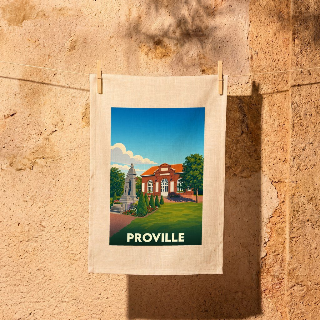 Torchon souvenir de la ville de Proville orné d'une illustration stylisée de son patrimoine.