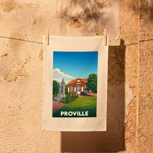 Torchon souvenir de la ville de Proville orné d'une illustration stylisée de son patrimoine.