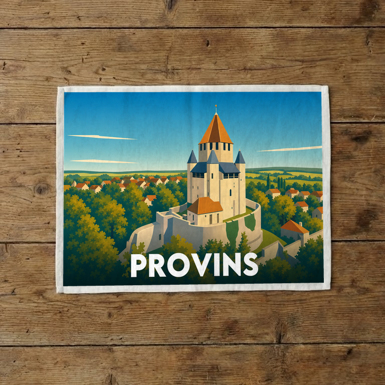 Torchon souvenir de la ville de Provins avec une illustration stylisée de sa tour médiévale.