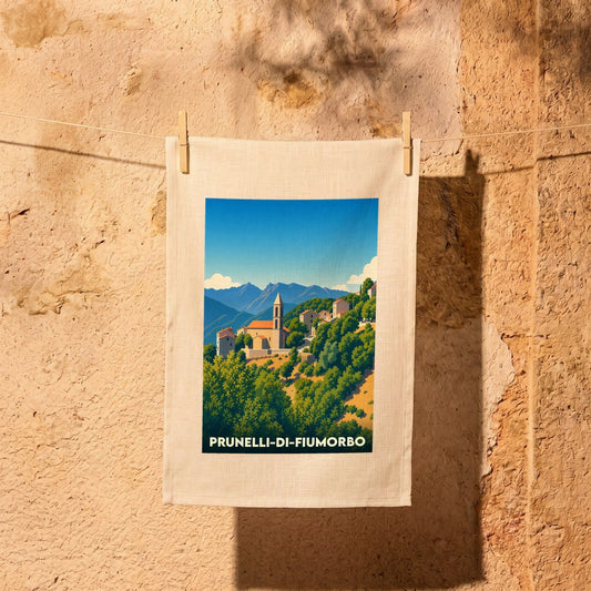 Torchon souvenir de la ville de Prunelli-di-Fiumorbo avec une illustration stylisée de son paysage vallonné.