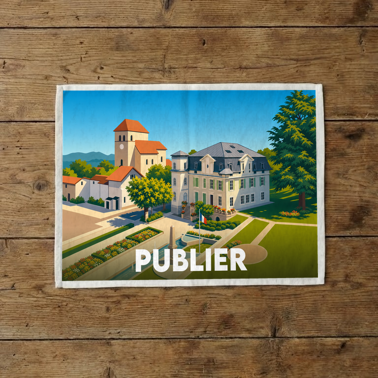 Torchon souvenir de la ville de Publier avec une illustration colorée et stylisée de son architecture.