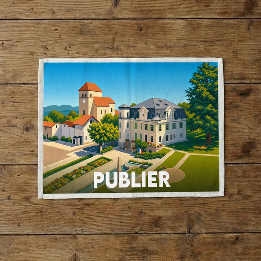 Torchon souvenir de la ville de Publier avec une illustration colorée et stylisée de son architecture.