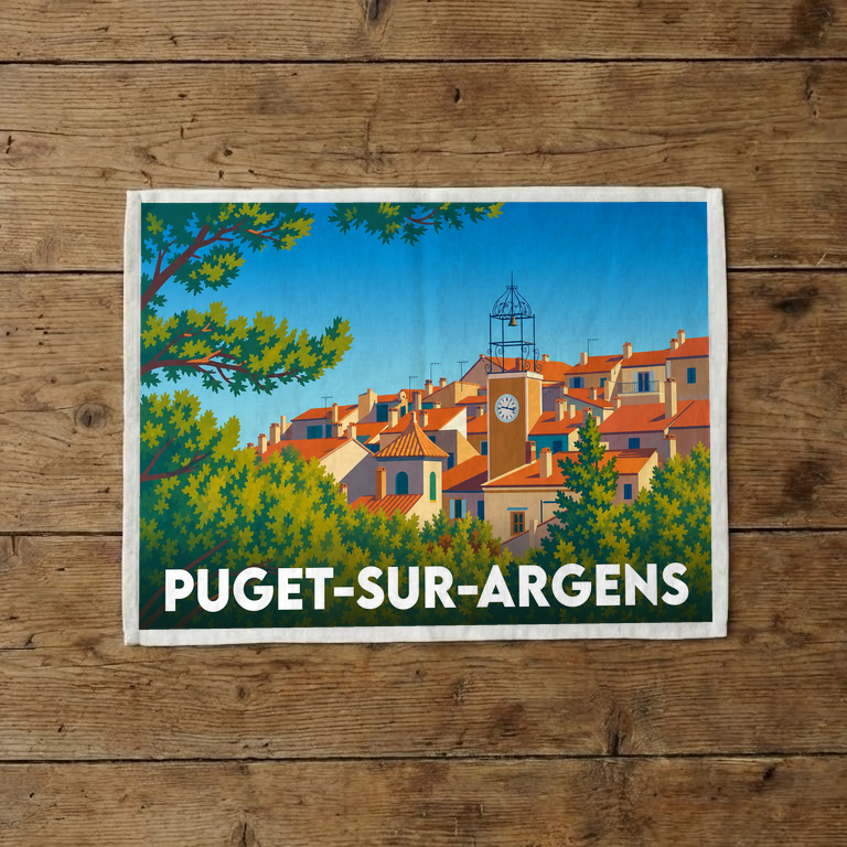 Torchon souvenir de la ville de Puget-sur-Argens avec une illustration stylisée.