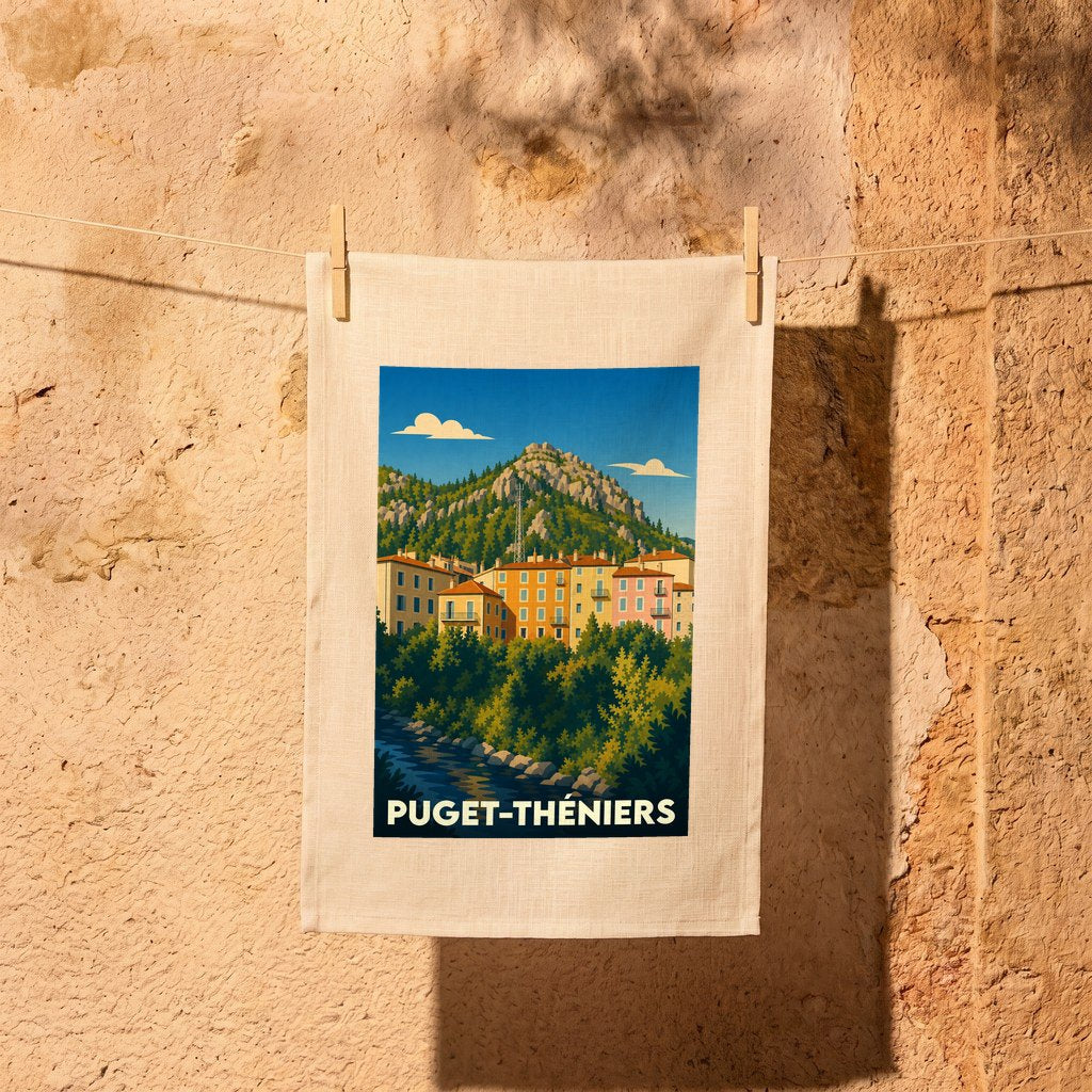 Torchon souvenir de la ville de Puget-Théniers orné d'une illustration stylisée de ses maisons colorées au pied des montagnes.