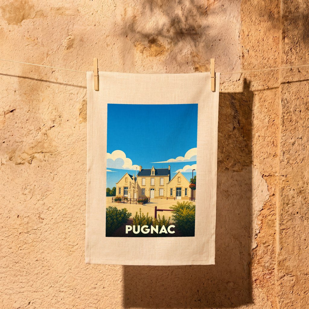 Torchon souvenir de la ville de Pugnac avec une illustration stylisée.