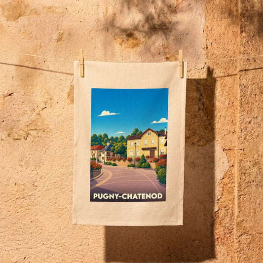 Torchon souvenir de la ville de Pugny-Chatenod avec une illustration stylisée et colorée de ses maisons.