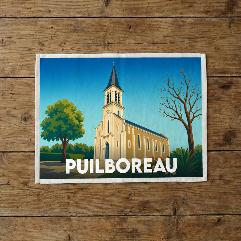 Torchon souvenir de la ville de Puilboreau avec une illustration stylisée de son église.