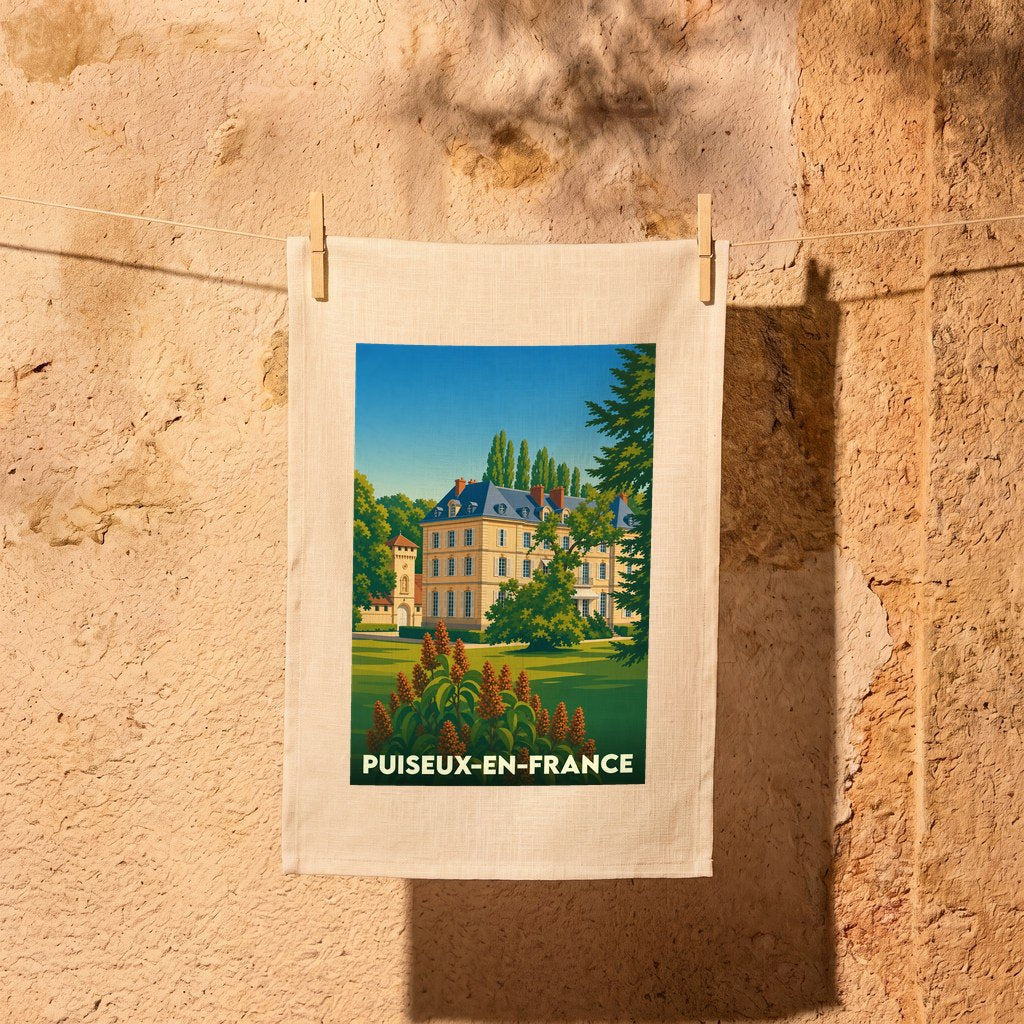 Torchon souvenir de la ville de Puiseux-en-France avec une illustration stylisée d'un château.