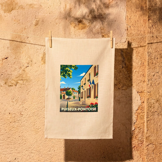 Torchon souvenir de la ville de Puiseux-Pontoise avec une illustration stylisée d'une rue ensoleillée.