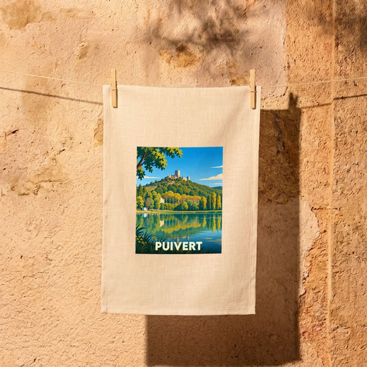 Torchon souvenir de la ville de Puivert avec une illustration stylisée de son château et de son lac.