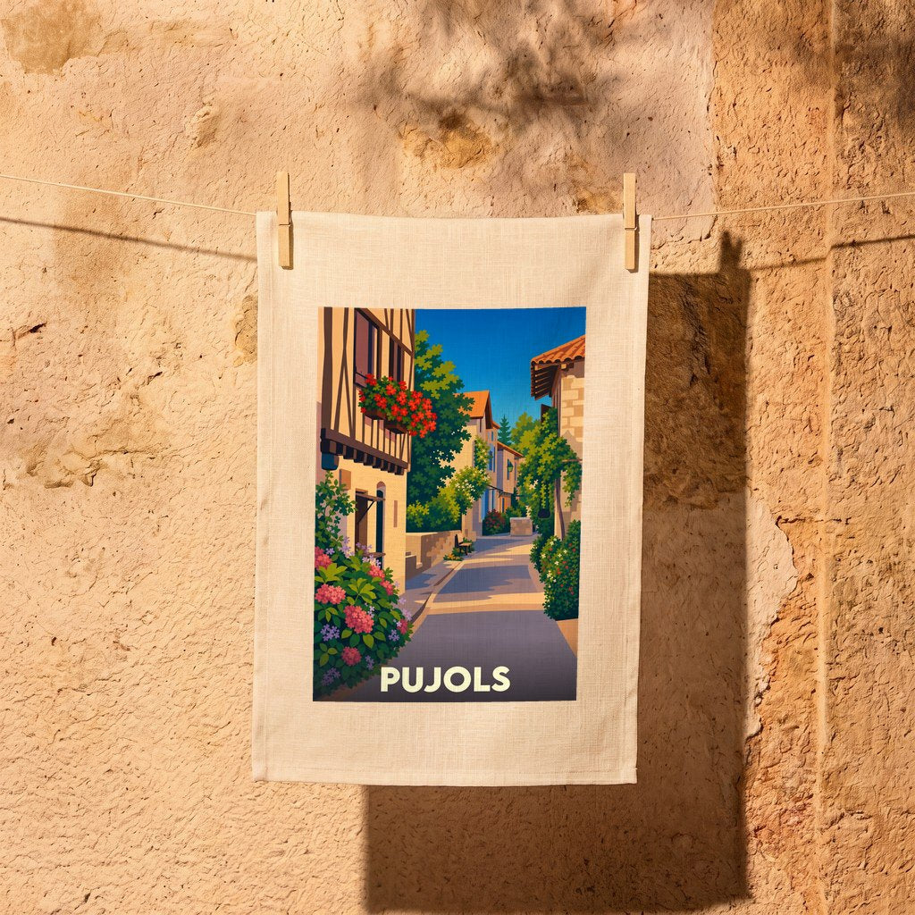 Torchon souvenir de la ville de Pujols illustré d'une scène de rue pittoresque et fleurie.
